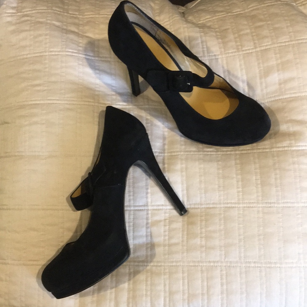 Black Velvet Platform Pumps with Buckle Detail